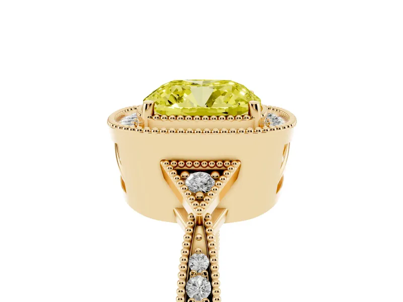 Cushion Cut Milgrain Halo Engagement Ring Setting for a Fancy Yellow Lab-Grown Diamond | Graduated Pavé | Yellow Gold
