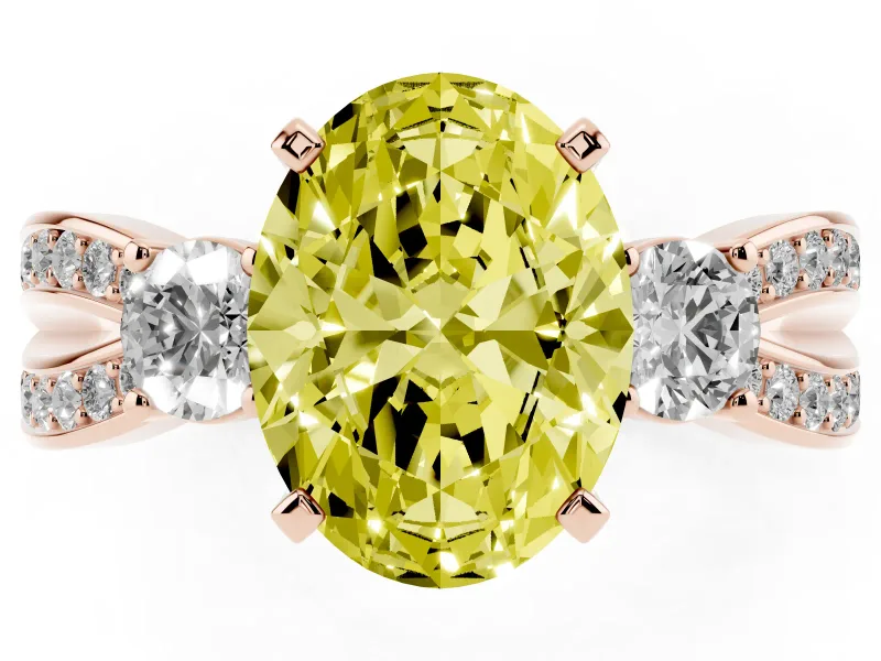 Fancy Yellow Three-Stone Oval Cut Diamond Twist Band Ring Set in Rose gold with Pavé Accents and Prong Setting