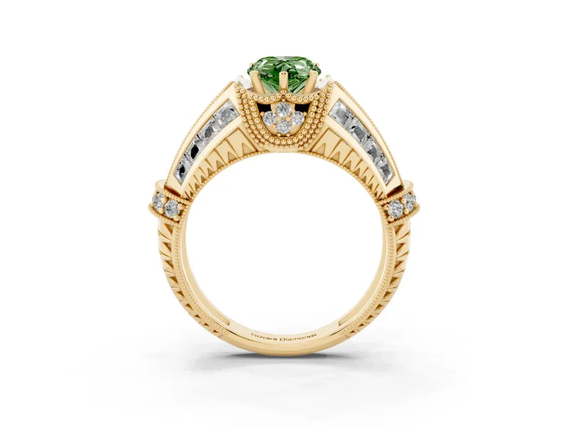 Fancy Green Pear Cut Diamond Vintage-Inspired Milgrain Ring Set in Yellow gold with Accent Split Shank