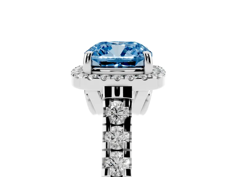 Cushion Cut Halo Engagement Ring Setting for a Fancy Blue Lab-Grown Diamond | Shared Prong Shoulders | Sterling Silver