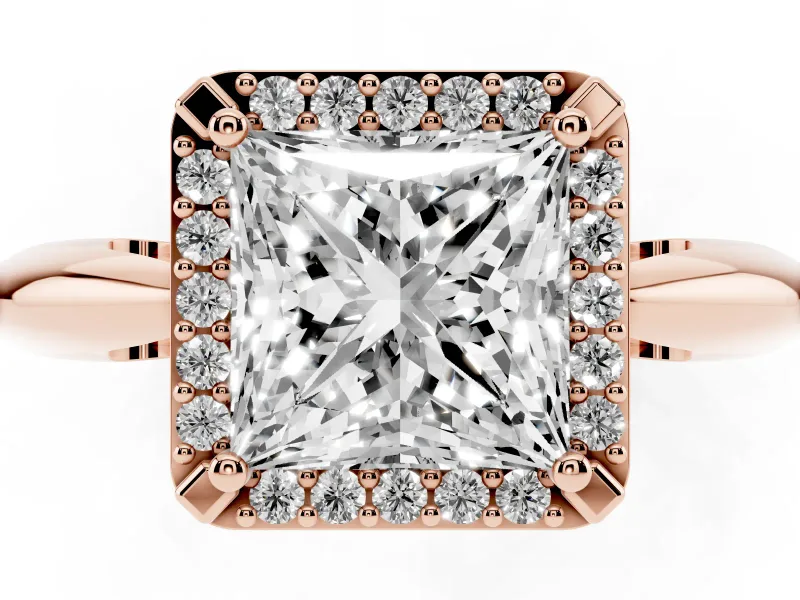Princess Cut Diamond Halo Engagement Ring Set in Rose gold with Plain Split Shank and Prong Setting