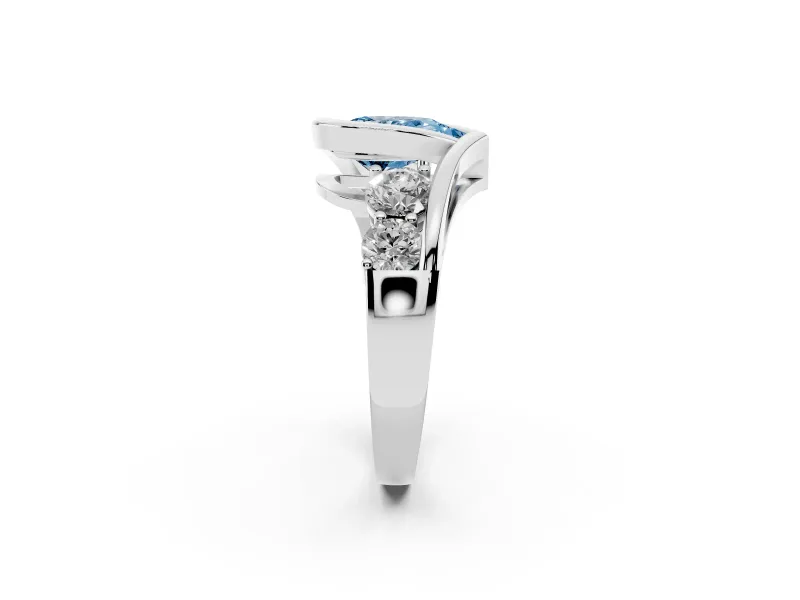 Fancy Blue Pear Cut Diamond Bezel Bypass Ring Set in White gold with Round Accents