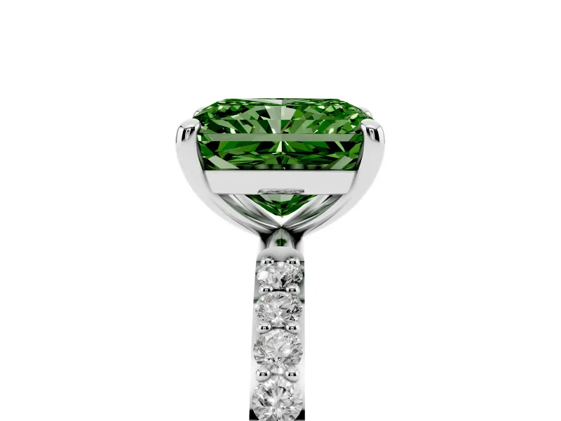 Fancy Green Radiant Cut Diamond Solitaire Ring Set in Silver with Round Pavé Band and Prong Setting
