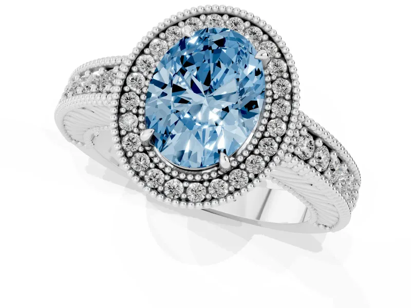 Oval Milgrain Halo Engagement Ring Setting for a Fancy Blue Lab-Grown Diamond | Platinum