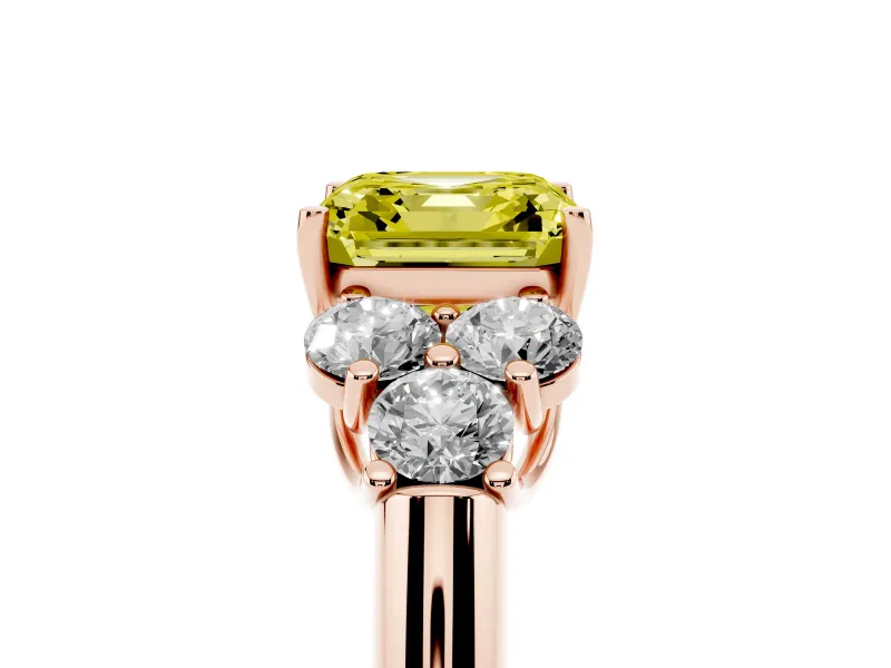 Fancy Yellow Asscher Cut Diamond Cluster Ring Set in Rose gold with Round Accent Stones and Prong Setting on a Plain Band