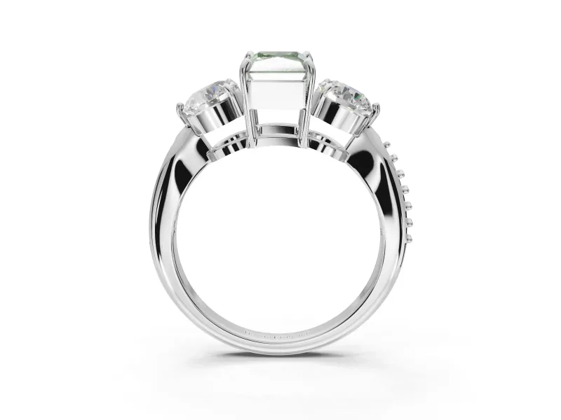 Radiant Cut Three Stone Engagement Ring Setting for a Fancy Green Lab-Grown Diamond | Tapered Pave Band | Platinum
