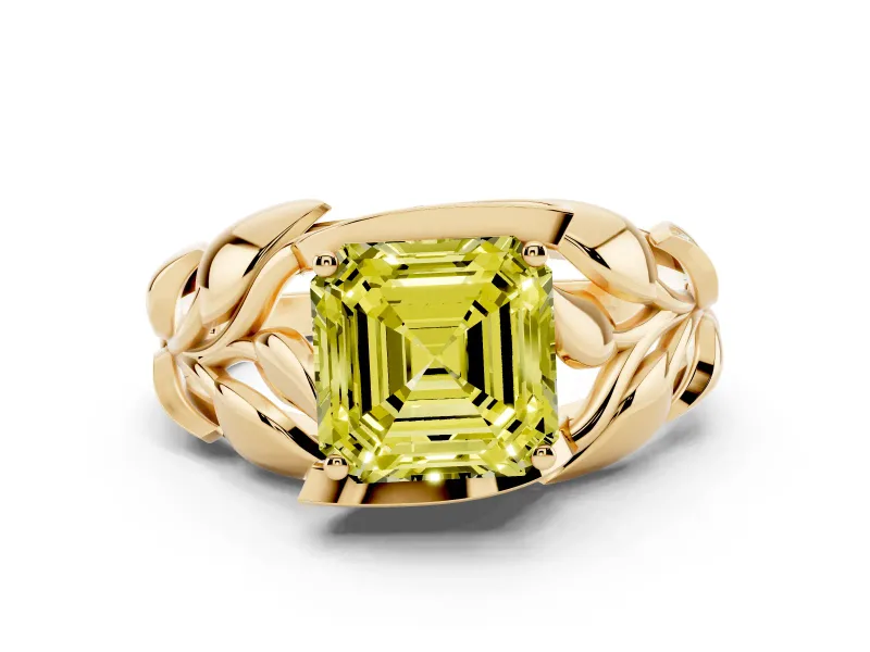 Fancy Yellow Asscher Cut Diamond Leaf-Inspired Engagement Ring Set in Yellow gold with Round Accents