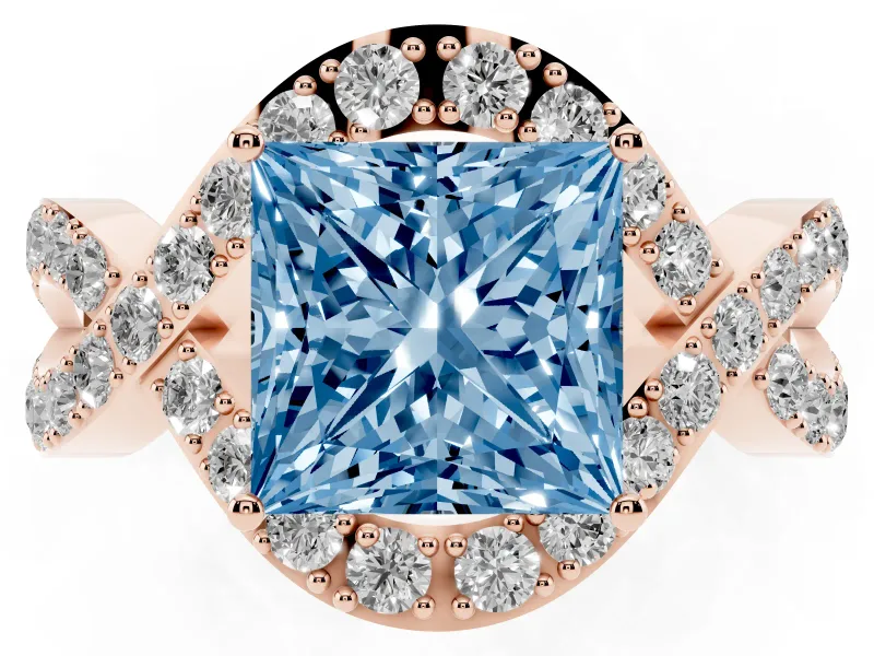 Fancy Blue Princess Cut Diamond Solitaire Twist Band Pavé Engagement Ring Set in Rose gold