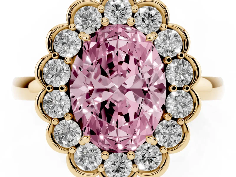 Oval Scalloped Cluster Halo Engagement Ring Setting for a Fancy Pink Lab-Grown Diamond | Plain Band | Yellow Gold