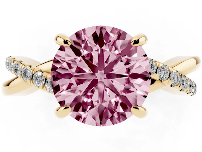 Fancy Pink Round Cut Diamond Twist Band Solitaire Set in Yellow gold with Pavé Accents and Prong Setting