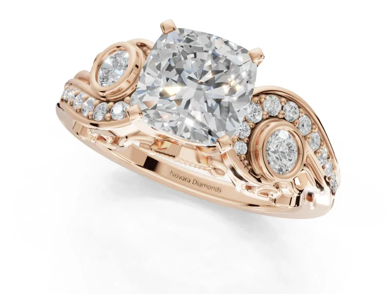Cushion Cut Vintage Swirl Engagement Ring Setting | Bezel Side Accents | Rose Gold