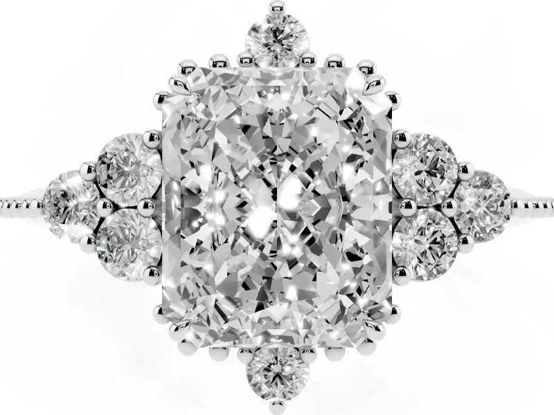 Radiant Cut Diamond Cluster Ring Set in Platinum with Beaded Band
