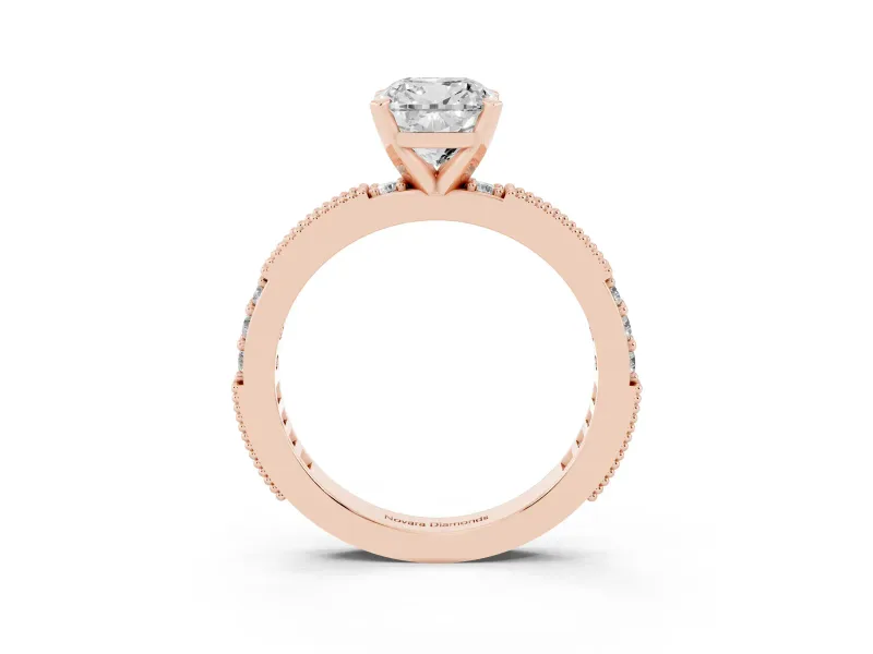 Cushion Cut Diamond Solitaire Ring Set in Rose gold with Slim Pavé Band and Prong Setting