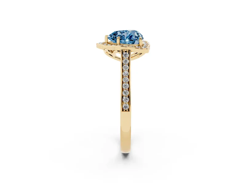 Heart-Shaped Petal Tip Halo Engagement Ring Setting for a Fancy Blue Lab-Grown Diamond | Pavé Band | Yellow Gold