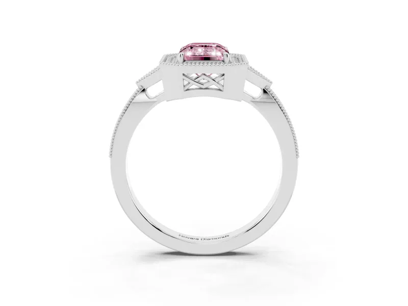 Fancy Pink Emerald Cut Diamond Halo Engagement Ring Set in Platinum with Milgrain Pavé Band