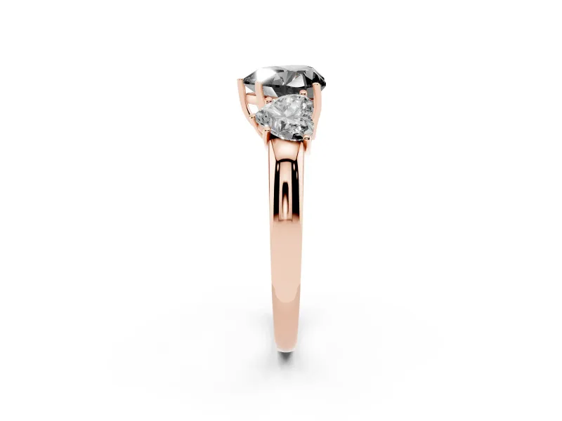 Fancy Black Heart Cut Diamond Three-Stone Ring Set in Rose gold with Bold Center and Classic Band