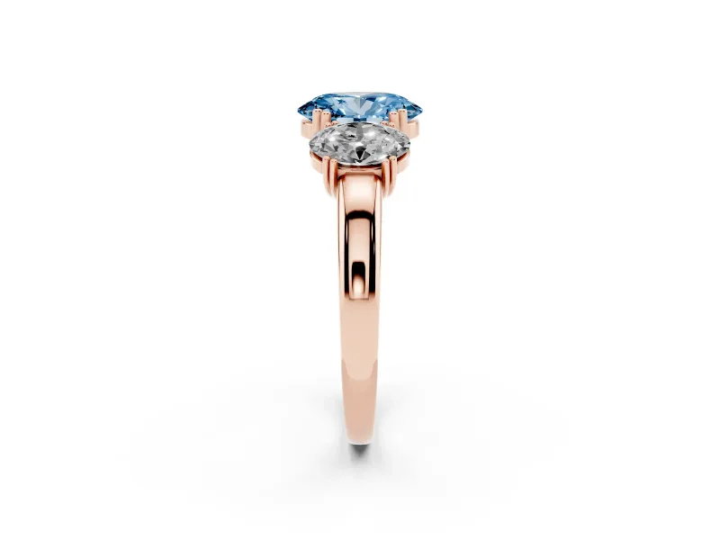 Oval Three Stone Engagement Ring Setting for a Fancy Blue Lab-Grown Diamond | Double Claw Head | Rose Gold