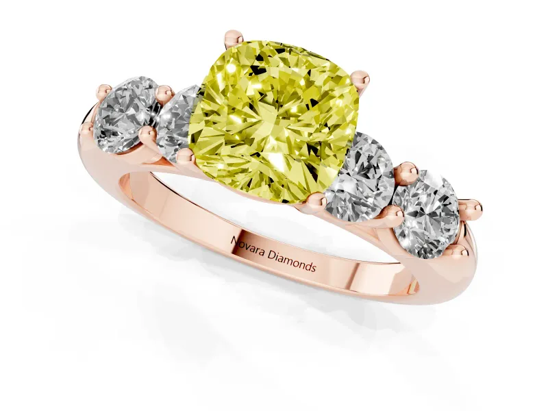 Cushion Cut Five Stone Engagement Ring Setting for a Fancy Yellow Lab-Grown Diamond | Prong Set Side Stones | Rose Gold
