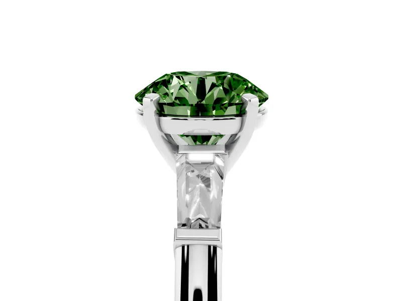 Fancy Green Round Cut Diamond Solitaire Ring Set in Platinum with Tapered Baguette Side Stones and Prong Setting