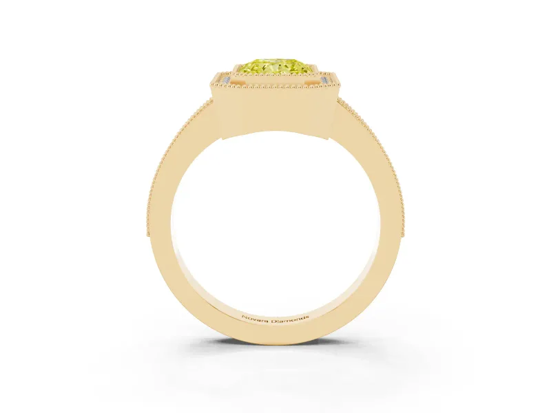 Fancy Yellow Radiant Cut Diamond Halo Engagement Ring Set in Yellow gold with Pavé Band and Round Halo Stones