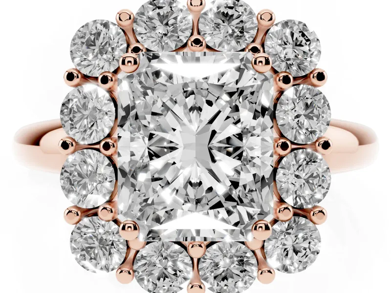 Radiant Cut Cluster Halo Engagement Ring Setting | Large Round Accents | Rose Gold