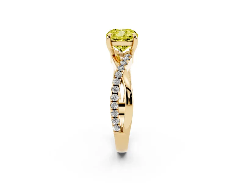 Fancy Yellow Cushion Cut Diamond Twist Band Solitaire Set in Yellow gold with Pavé Accents and Prong Setting