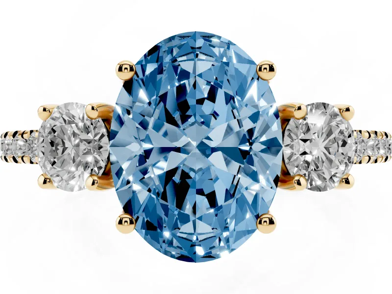 Oval Three Stone Engagement Ring Setting for a Fancy Blue Lab-Grown Diamond | Pave Shoulders | Yellow Gold