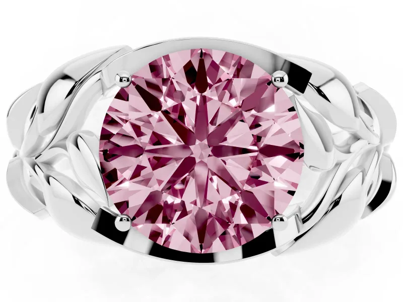 Fancy Pink Round Cut Diamond Leaf-Inspired Engagement Ring Set in White gold with Round Accents
