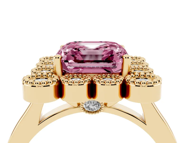 Asscher Cut Milgrain Cluster Halo Engagement Ring Setting for a Fancy Pink Lab-Grown Diamond | Plain Band | Yellow Gold