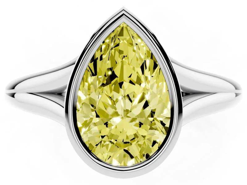 Fancy Yellow Bezel Set Pear Cut Diamond Solitaire Ring Set in Platinum with Tapered Band
