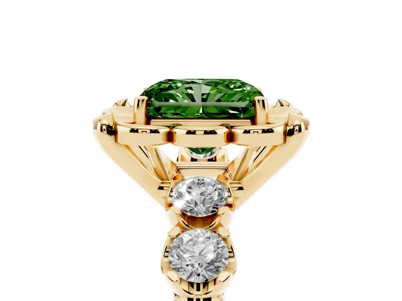 Fancy Green Radiant Cut Diamond Floral Halo Ring Set in Yellow gold with Shared Prong Band