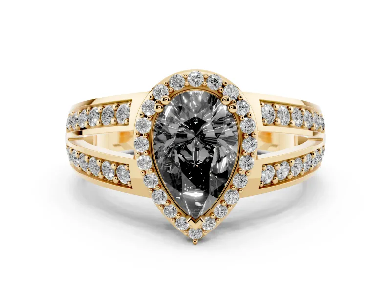 Fancy Black Pear Cut Diamond Halo Ring Set in Yellow gold with Double Pavé Split Shank