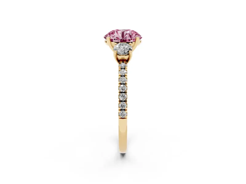 Round Three Stone Engagement Ring Setting for a Fancy Pink Lab-Grown Diamond | Pave Shoulders | Yellow Gold