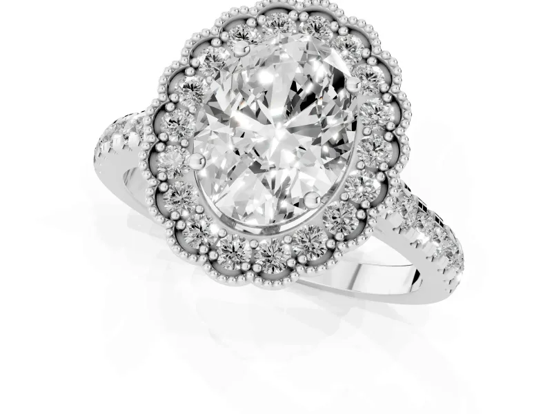 Oval Cut Diamond Milgrain Floral Halo Engagement Ring Set in Silver with Pavé Band