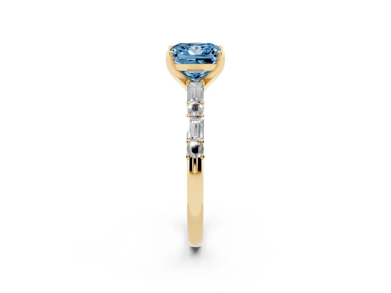 Princess Cut Baguette Side Stone Engagement Ring Setting for a Fancy Blue Lab-Grown Diamond | Yellow Gold
