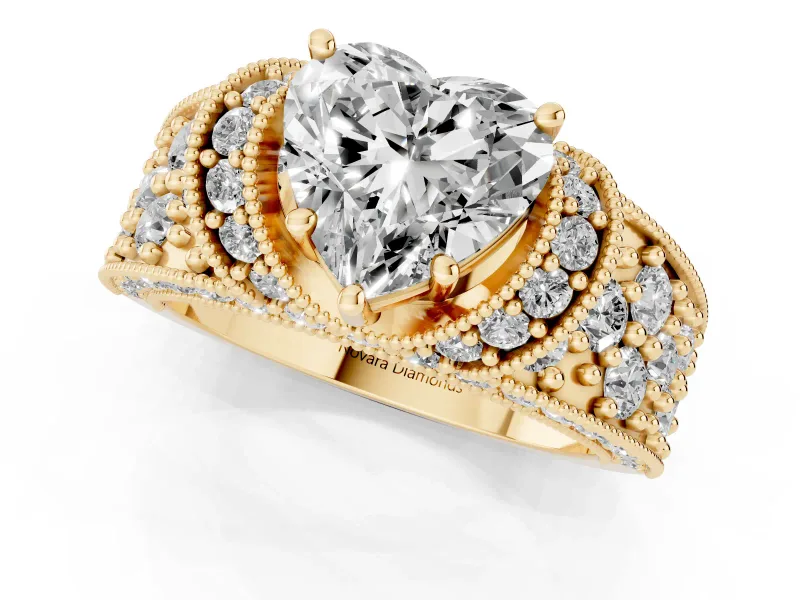 Heart-Shaped Vintage Milgrain Pave Engagement Ring Setting | Crescent Side Rows | Yellow Gold