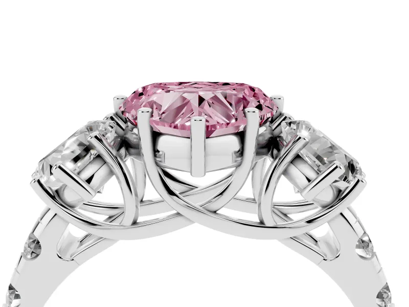 Fancy Pink Heart Cut Diamond Three-Stone Ring Set in White gold with Pavé Band