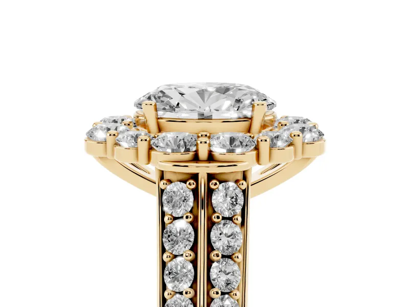 Oval Cut Diamond Halo Engagement Ring Set in Yellow gold with Split Shank and Prong Setting