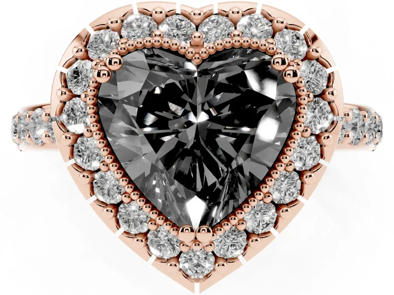 Heart-Shaped Milgrain Halo Engagement Ring Setting for a Black Center | Pavé Shoulders | Rose Gold