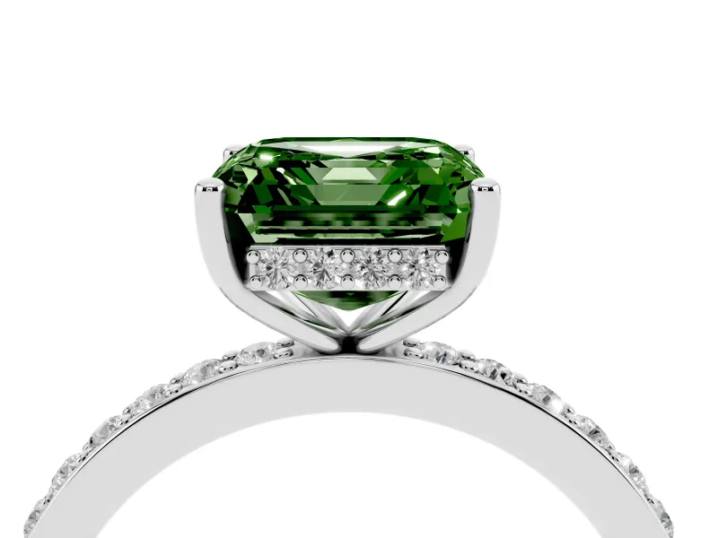Fancy Green Asscher Cut Diamond Pavé Band Ring Set in White gold with Prong-Set Center Stone