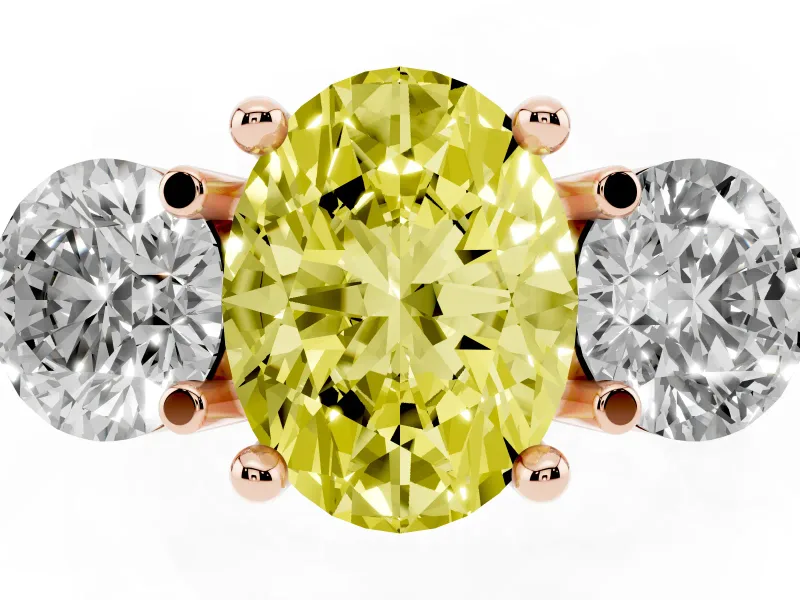 Fancy Yellow Oval Cut Diamond Three-Stone Ring Set in Rose gold with Prong Setting and Classic Band