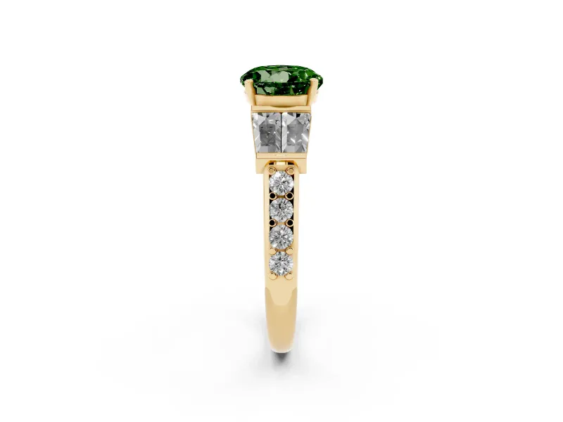 Fancy Green Round Cut Diamond Engagement Ring Set in Yellow gold with Baguette Side Stones and Channel Set Band