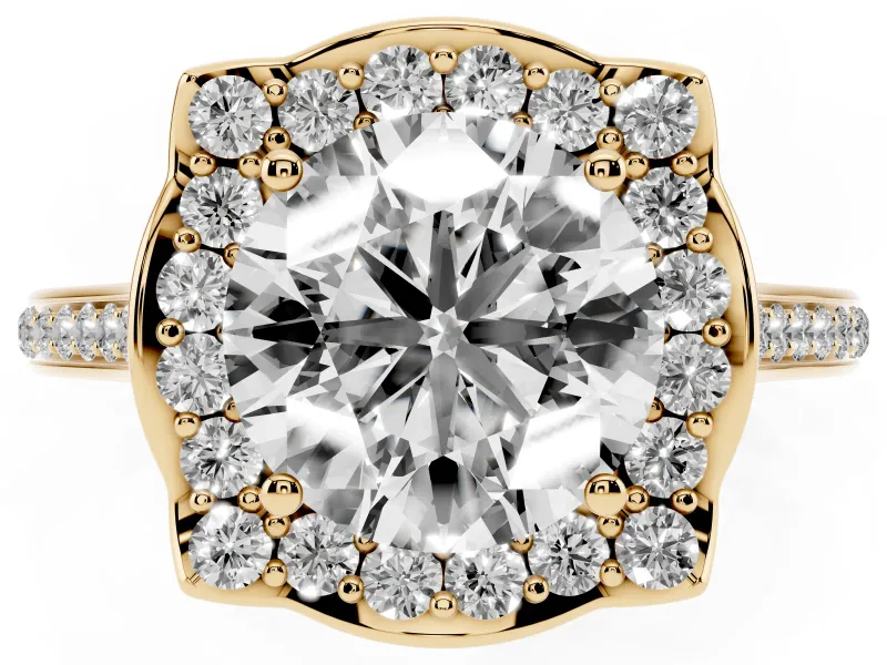 Round Petal Tip Halo Engagement Ring Setting | Single Row Pavé Band | Yellow Gold