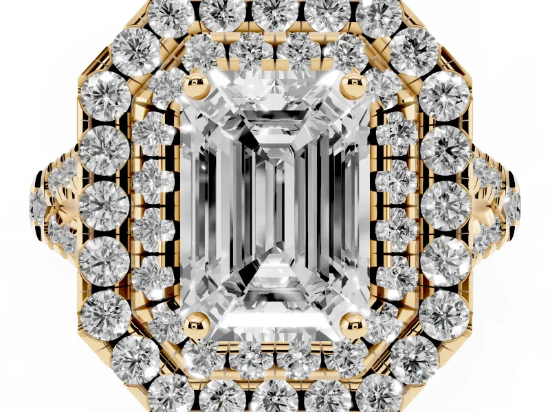 Emerald Cut Halo Split Shank Engagement Ring Setting | Yellow Gold
