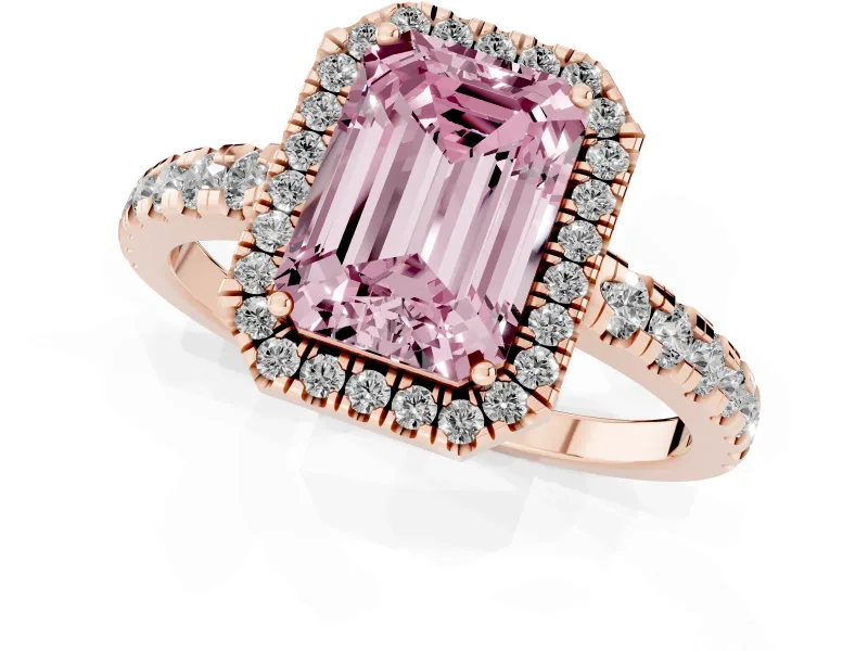 Emerald Cut Halo Engagement Ring Setting for a Fancy Pink Lab-Grown Diamond | Graduated Pavé Band | Rose Gold