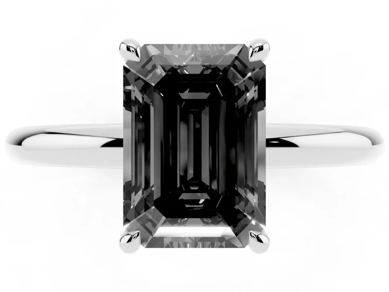 Fancy Black Emerald Cut Diamond Solitaire Ring Set in White gold with Thin Band and Prong Setting