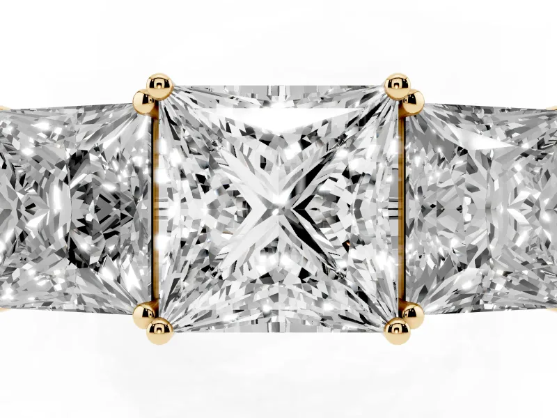 Princess Cut Three Stone Engagement Ring Setting | Beaded Shoulders | Yellow Gold