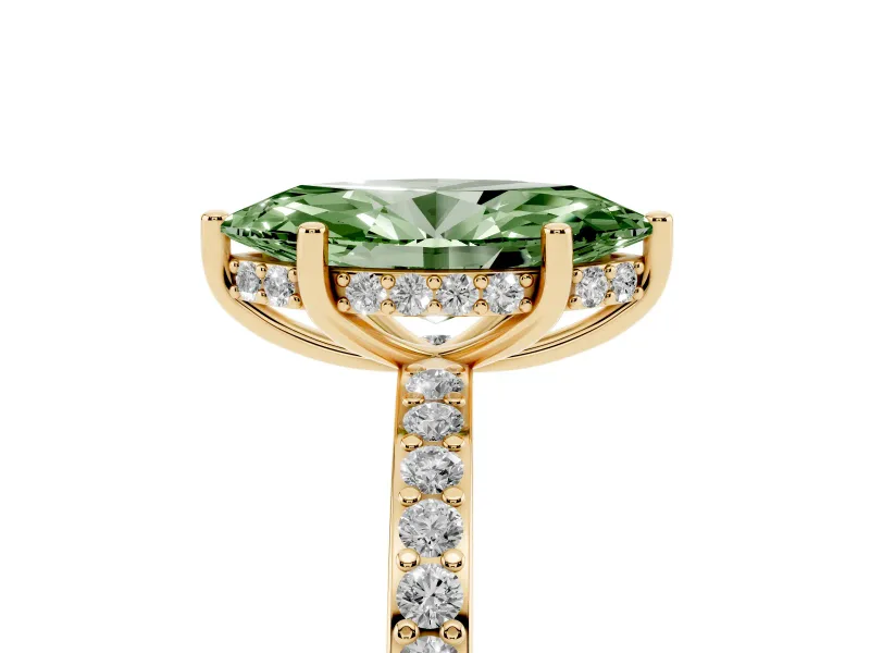 Fancy Green Marquise Cut Diamond Pavé Band Ring Set in Yellow gold with Prong-Set Center Stone