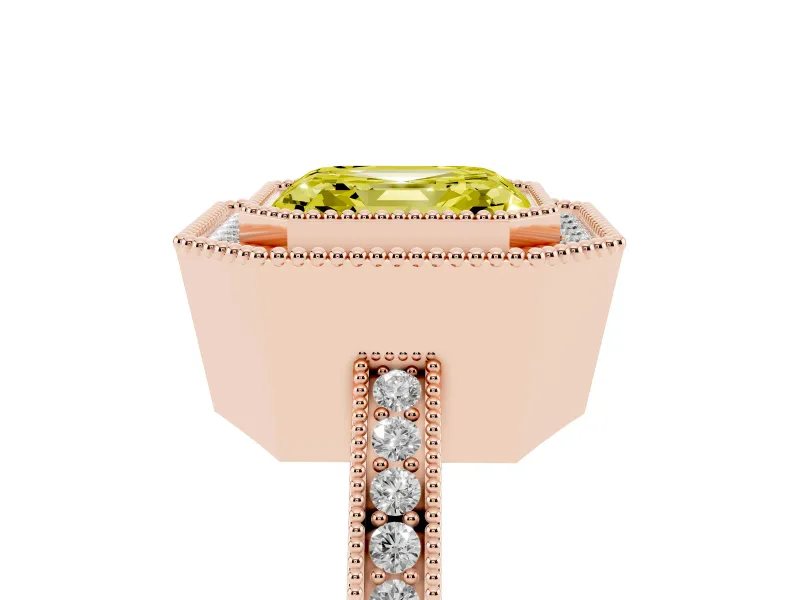 Fancy Yellow Asscher Cut Diamond Halo Ring Set in Rose gold with Pavé Band and Milgrain-Edged Prongs