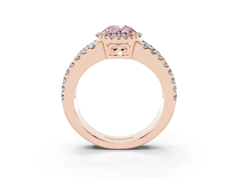 Fancy Pink Oval Cut Diamond Halo Ring Set in Rose gold with Pavé Split Shank and Prong Setting